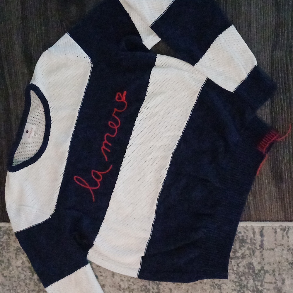 Sundry La mer navy & white striped crewneck embroidered sweater M